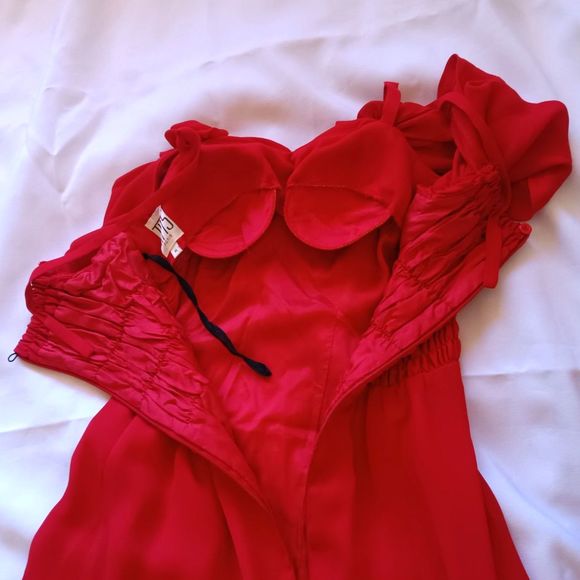 Tim's Paris 90s Red Formal Sheer Holiday Party Rhinestones Flowers Dress Small - Picture 9 of 11